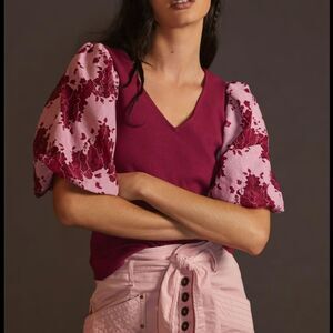 Anthropologie NEW Dolan Lace Puff Sleeve Red Top M Cotton Prairie V Neck Blouse